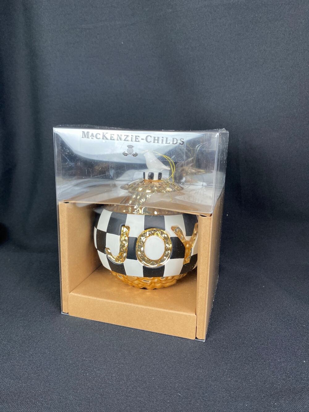 MacKenzie Childs Courtly Noel JOY Glass Ball Ornament 5 Inch CHRISTMAS NIB